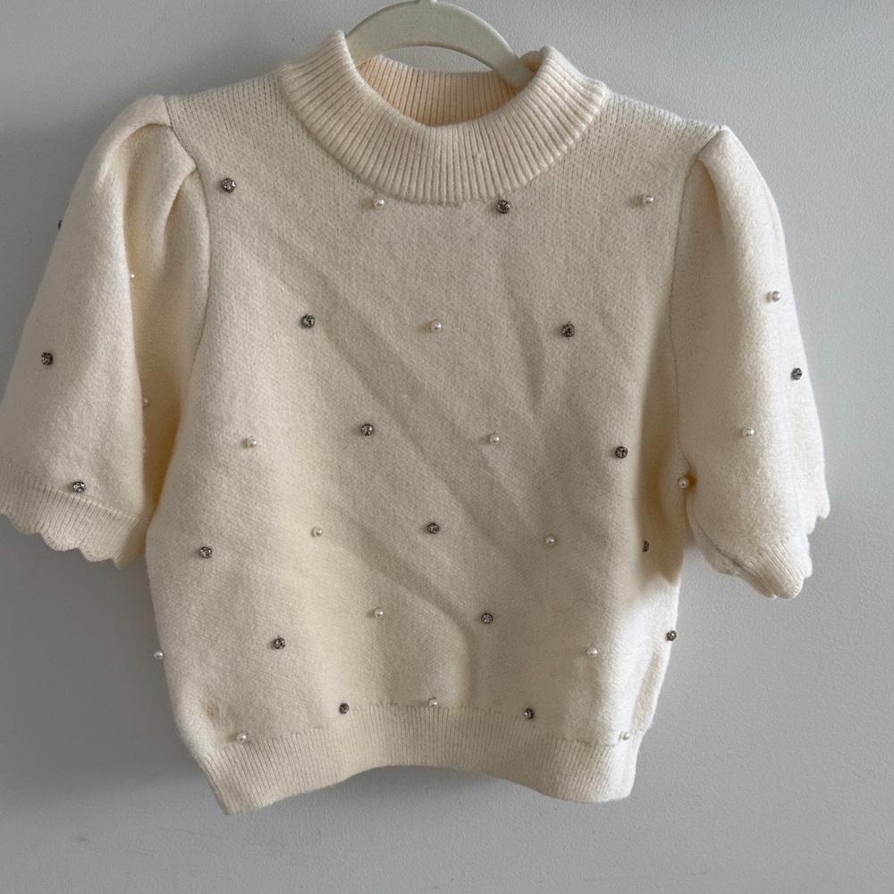 English Factory Cream Turtleneck Sweater with Pearl Details